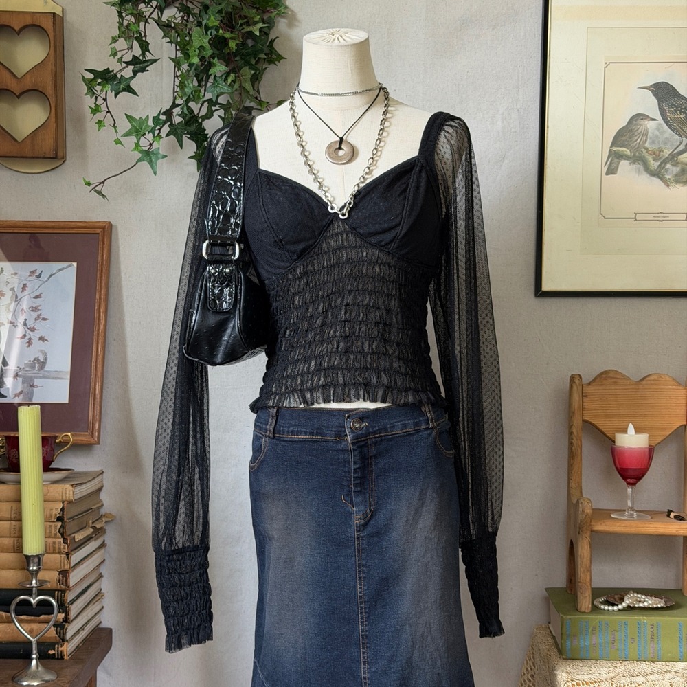 Free People Black Lace Mesh Top Smocked Whimsygoth Dark Romantic S Sheer Goth